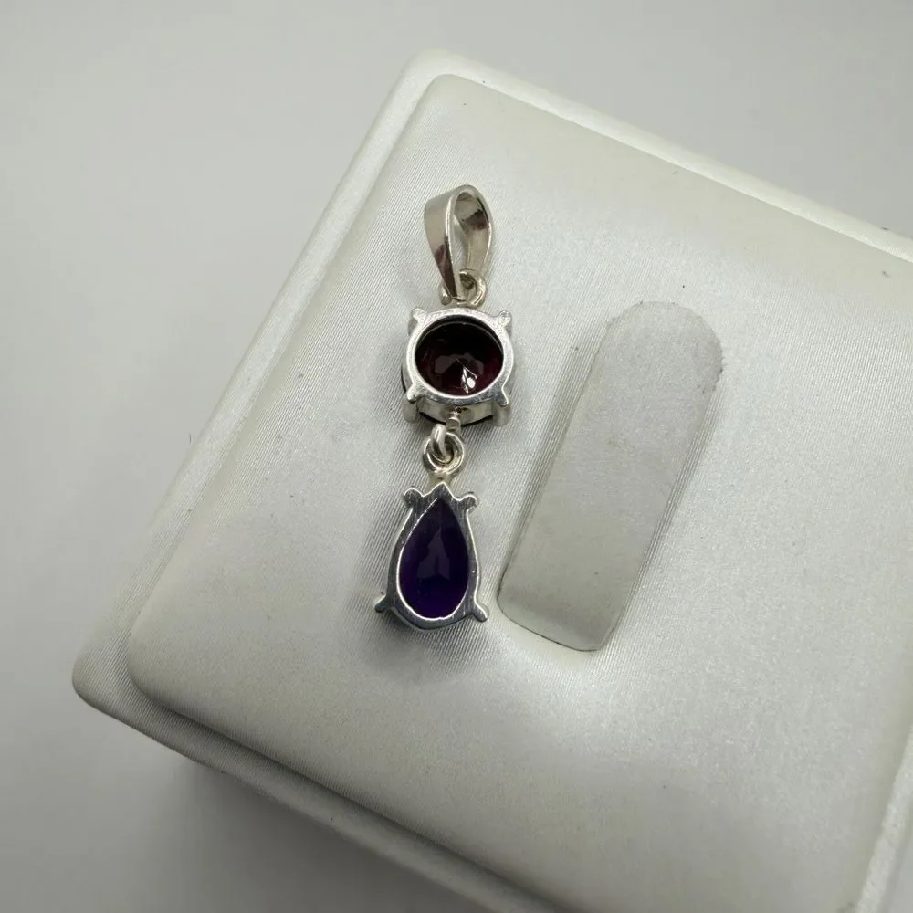 NWOT faceted‎ 7mm garnet and pear cut 8x5mm amethyst pendant in sterling silver!